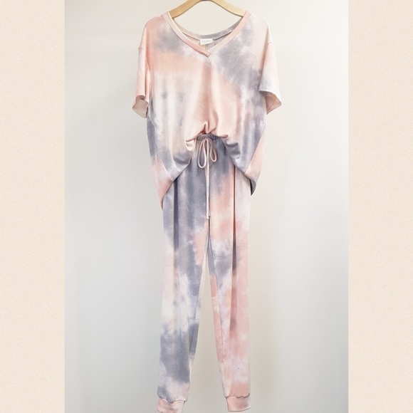 Peach & Gray Tie Dye SS V-Neck T-Shirt - Picture 3 of 8